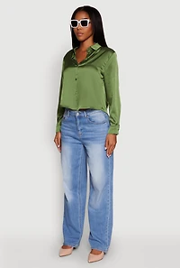 Womens Satin Long Sleeve Shirt, Green, Size M