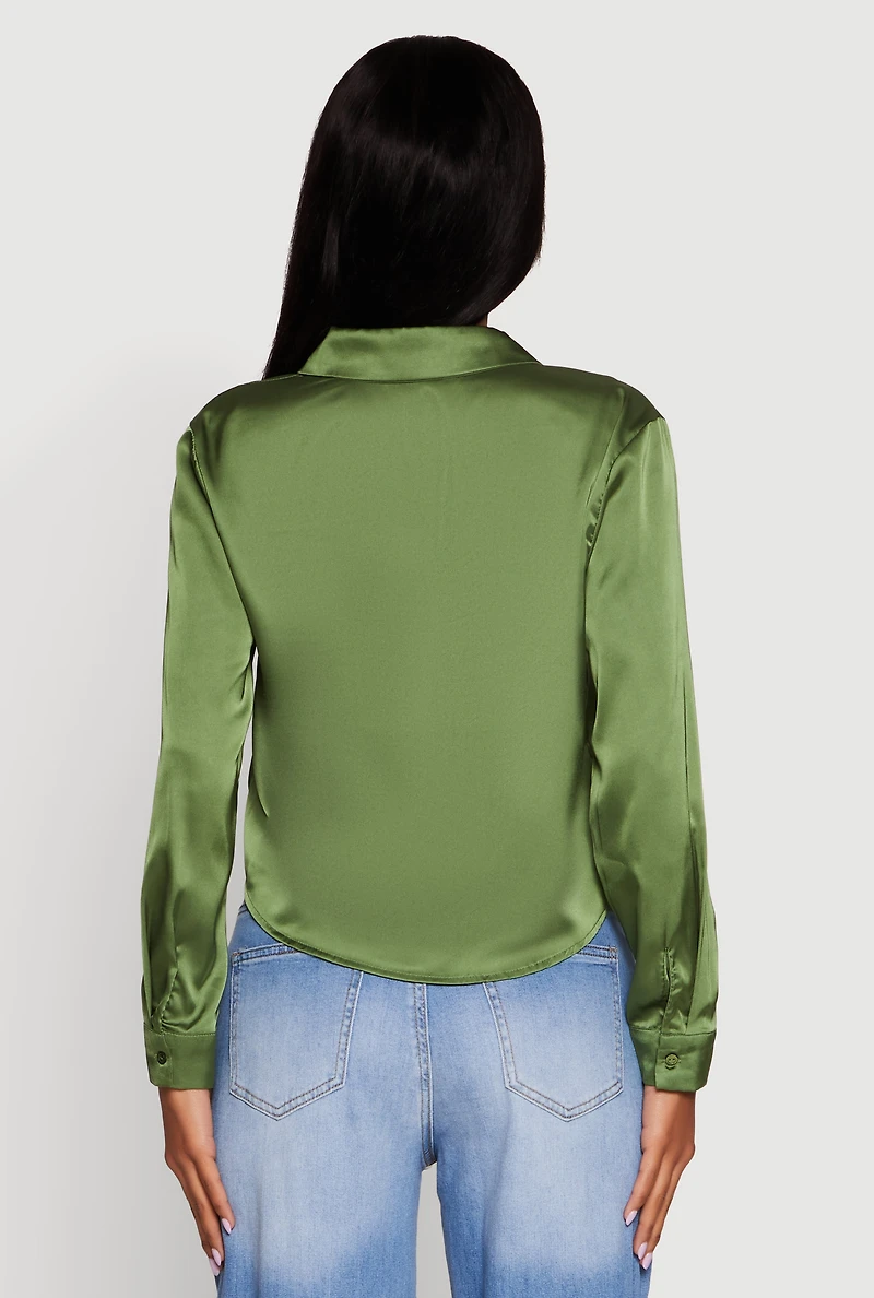 Womens Satin Long Sleeve Shirt, Green, Size M