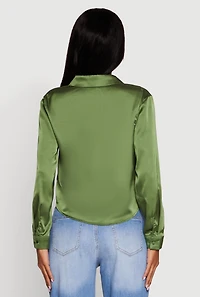 Womens Satin Long Sleeve Shirt, Green, Size M