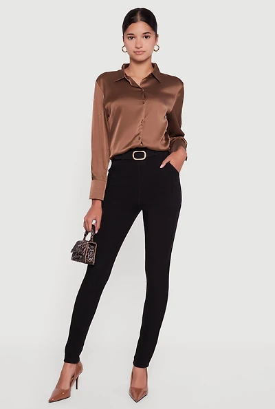 Womens Satin Long Sleeve Button Front Shirt,