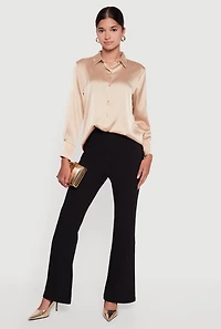 Womens Satin Long Sleeve Button Front Shirt,