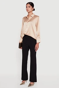 Womens Satin Long Sleeve Button Front Shirt,