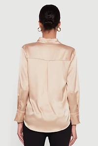 Womens Satin Long Sleeve Button Front Shirt,