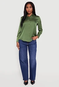 Womens Satin Long Sleeve Button Front Shirt,
