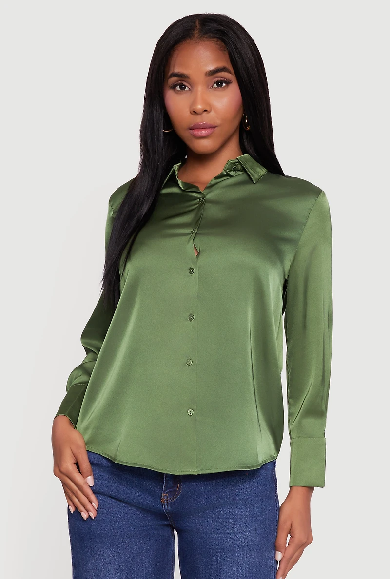 Womens Satin Long Sleeve Button Front Shirt,