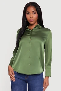 Womens Satin Long Sleeve Button Front Shirt,