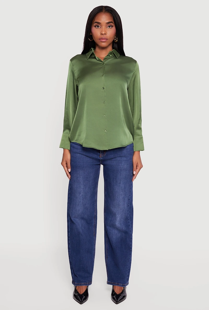 Womens Satin Long Sleeve Button Front Shirt,
