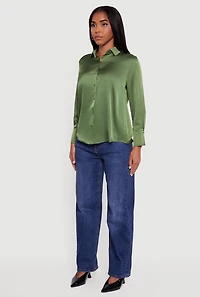 Womens Satin Long Sleeve Button Front Shirt,