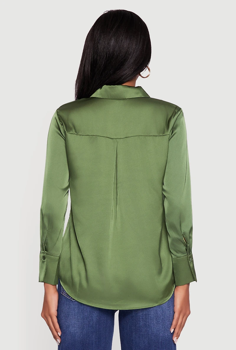 Womens Satin Long Sleeve Button Front Shirt,