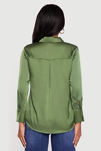Womens Satin Long Sleeve Button Front Shirt,