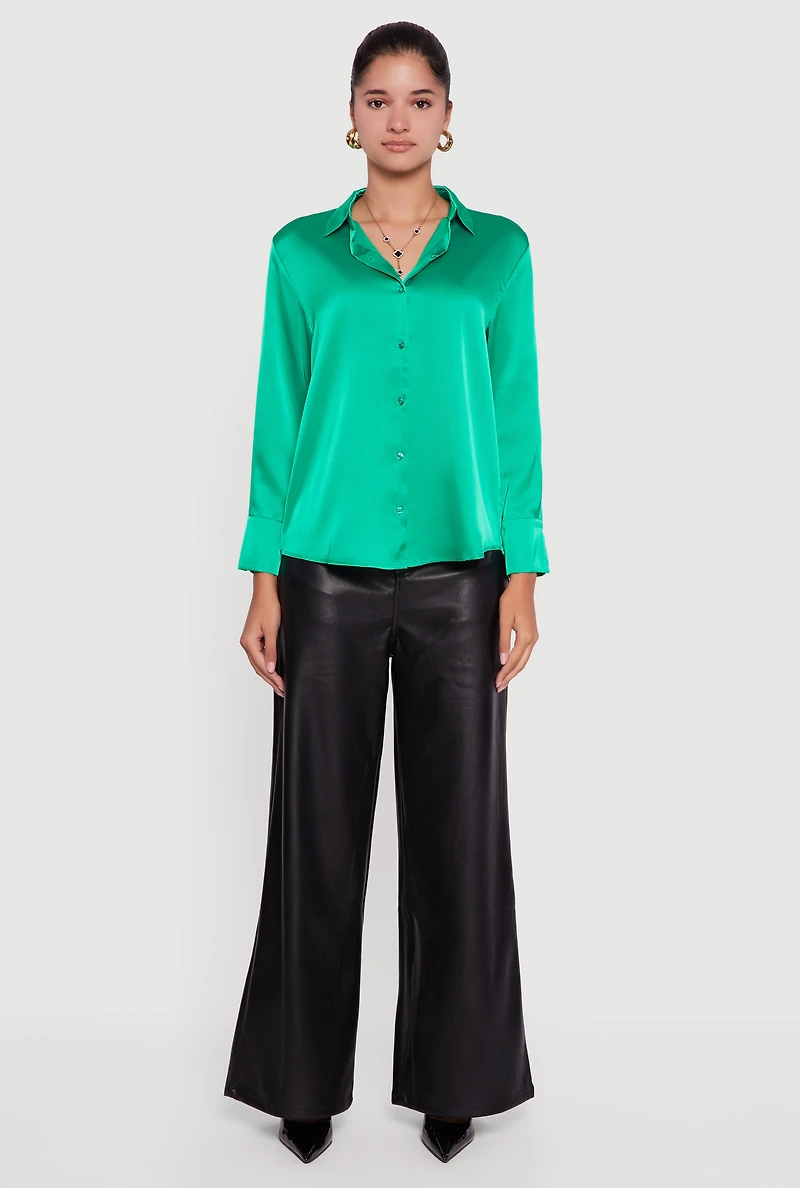 Satin Long Sleeve Button Front Shirt