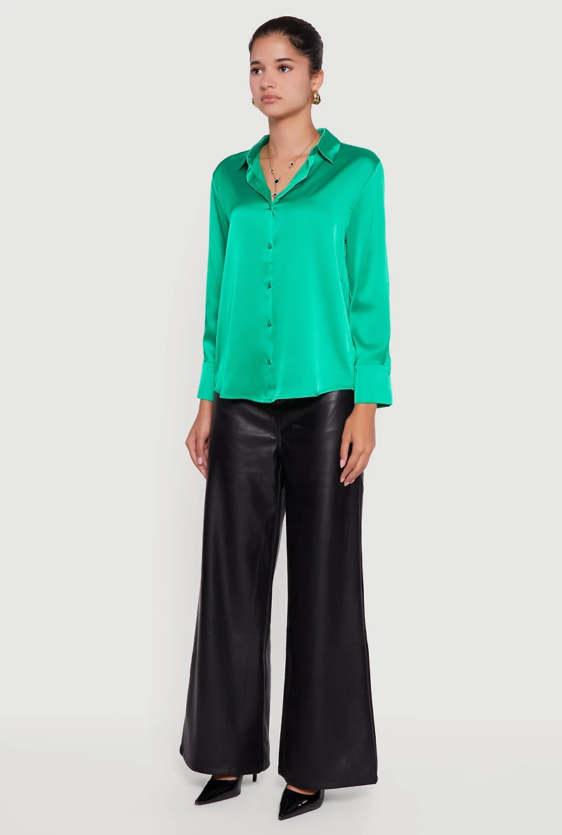 Satin Long Sleeve Button Front Shirt