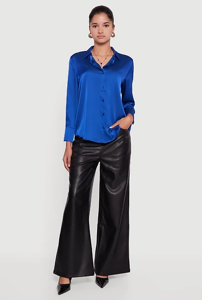 Womens Satin Long Sleeve Button Front Shirt,
