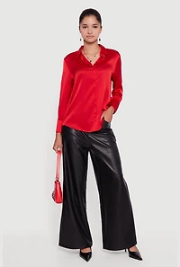 Womens Satin Long Sleeve Button Front Shirt, Red, Size M