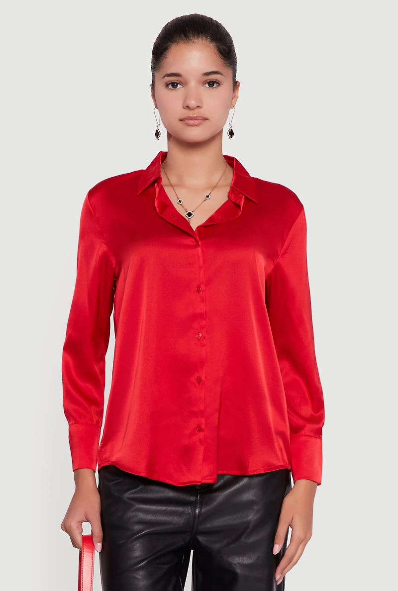 Womens Satin Long Sleeve Button Front Shirt, Red, Size M