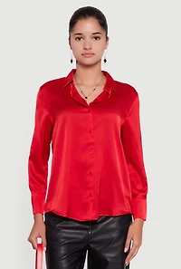 Womens Satin Long Sleeve Button Front Shirt, Red, Size M