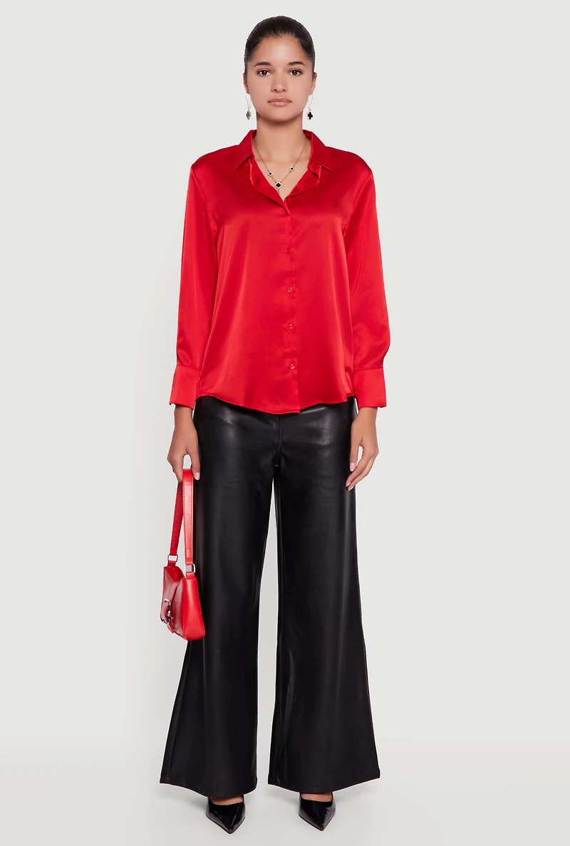 Womens Satin Long Sleeve Button Front Shirt, Red, Size M