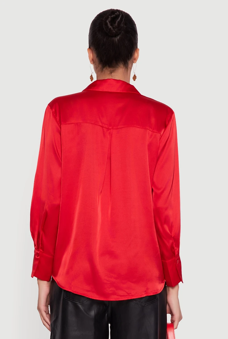 Womens Satin Long Sleeve Button Front Shirt, Red, Size M