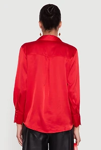 Womens Satin Long Sleeve Button Front Shirt, Red, Size M