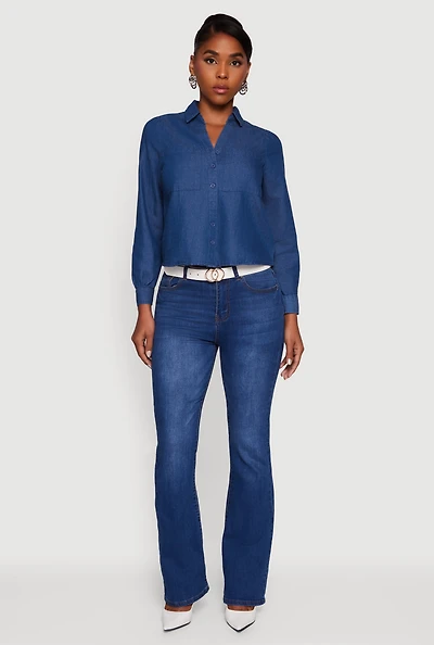 Womens Denim Patch Pocket Long Sleeve Button Front Shirt, Blue,