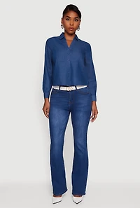 Womens Denim Patch Pocket Long Sleeve Button Front Shirt, Blue,