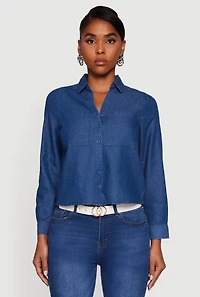 Womens Denim Patch Pocket Long Sleeve Button Front Shirt, Blue,