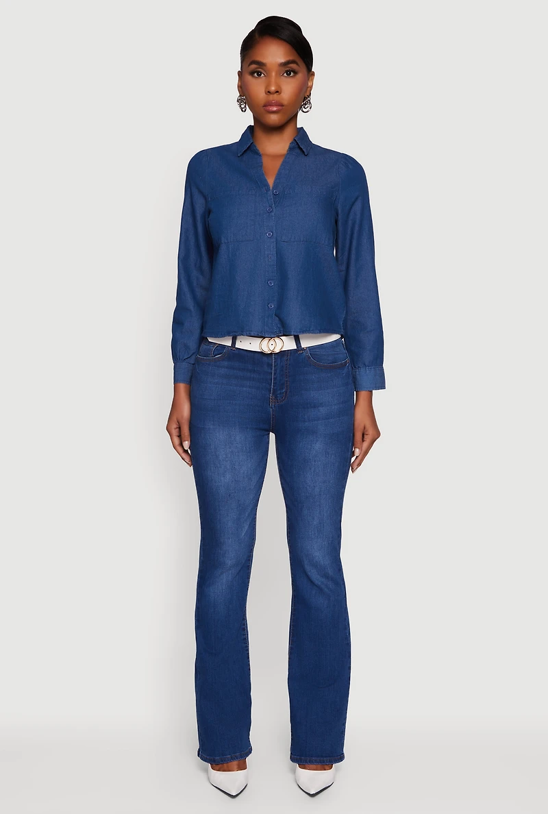 Womens Denim Patch Pocket Long Sleeve Button Front Shirt, Blue,