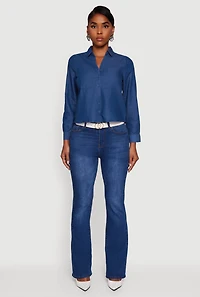 Womens Denim Patch Pocket Long Sleeve Button Front Shirt, Blue,