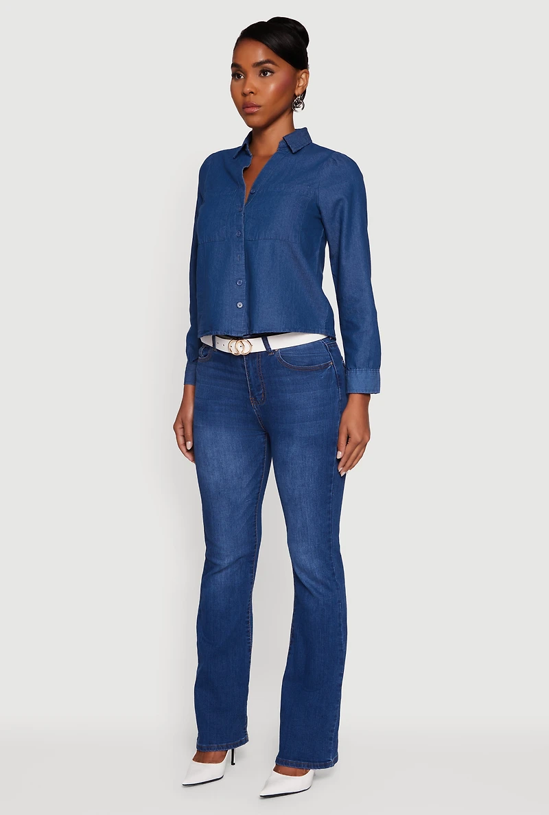 Womens Denim Patch Pocket Long Sleeve Button Front Shirt, Blue,