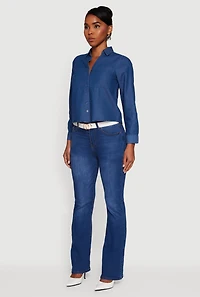 Womens Denim Patch Pocket Long Sleeve Button Front Shirt, Blue,