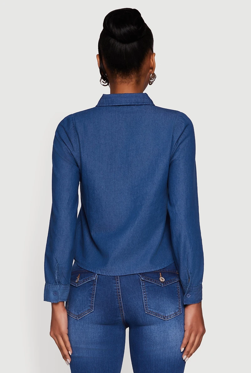 Womens Denim Patch Pocket Long Sleeve Button Front Shirt, Blue,
