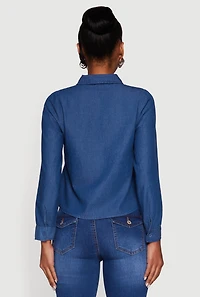 Womens Denim Patch Pocket Long Sleeve Button Front Shirt, Blue,