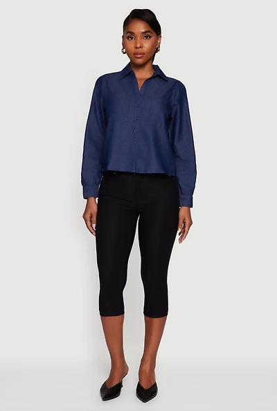 Womens Denim Patch Pocket Long Sleeve Button Front Shirt, Blue, Size L