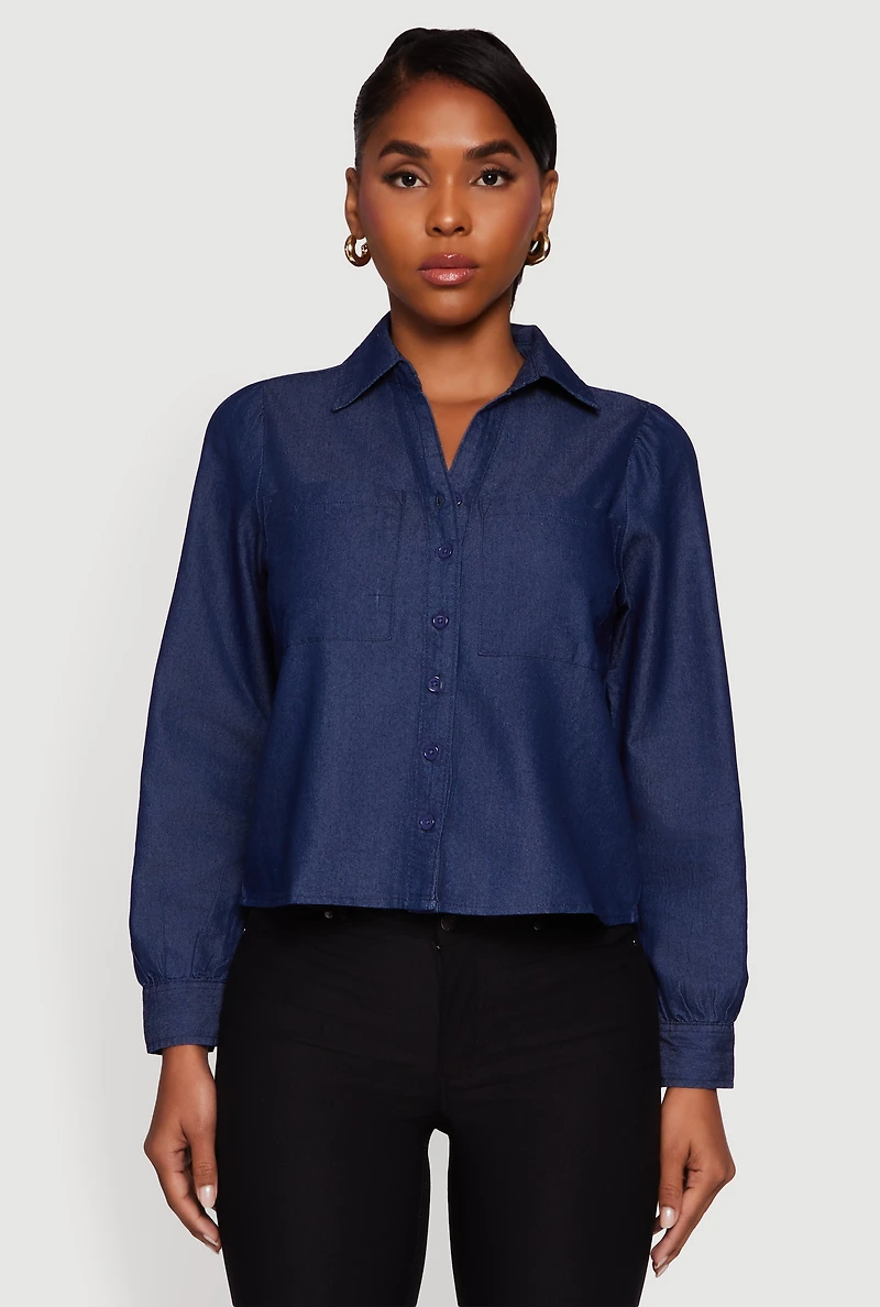 Womens Denim Patch Pocket Long Sleeve Button Front Shirt, Blue, Size L