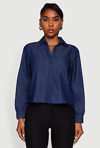 Womens Denim Patch Pocket Long Sleeve Button Front Shirt, Blue, Size L