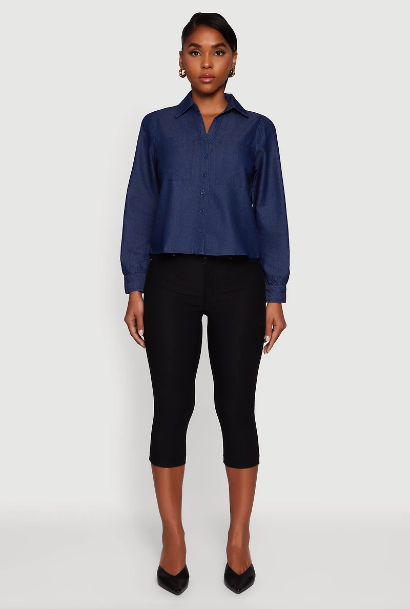 Womens Denim Patch Pocket Long Sleeve Button Front Shirt, Blue, Size L