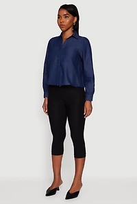 Womens Denim Patch Pocket Long Sleeve Button Front Shirt, Blue, Size L