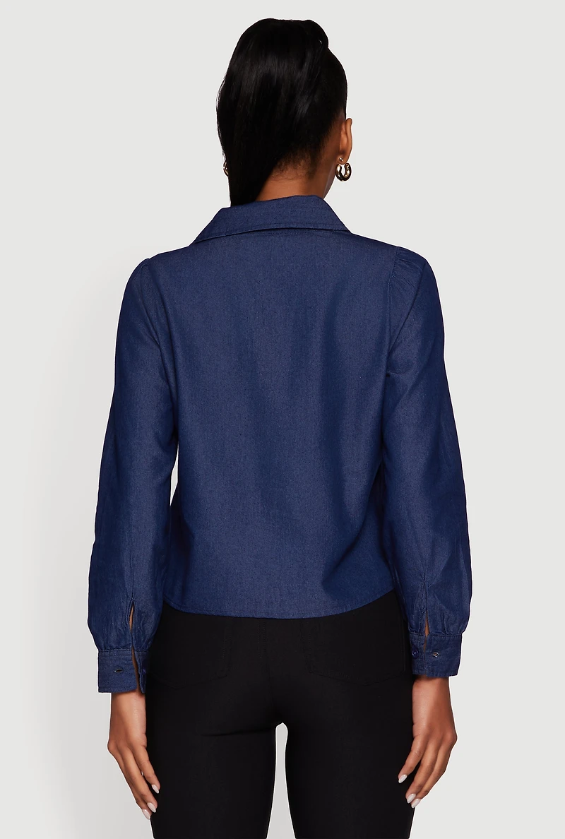 Womens Denim Patch Pocket Long Sleeve Button Front Shirt, Blue, Size L