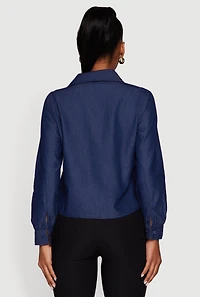 Womens Denim Patch Pocket Long Sleeve Button Front Shirt, Blue, Size L