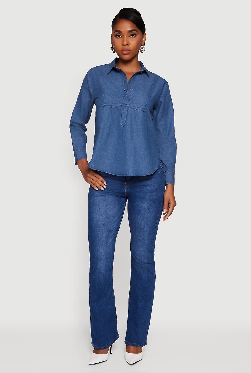 Womens Denim Long Sleeve Half Button Front Blouse, Blue, Size S