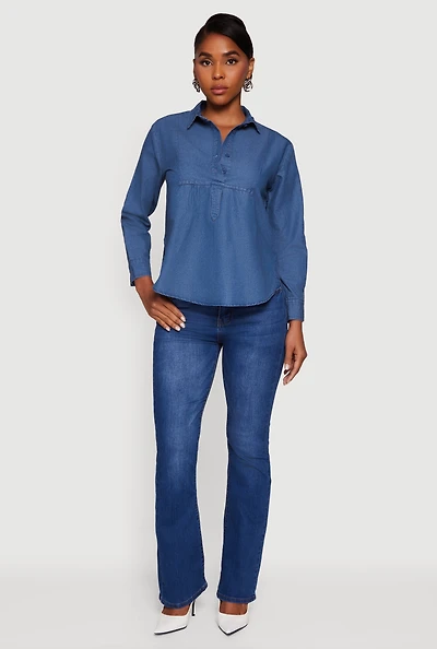 Womens Denim Long Sleeve Half Button Front Blouse, Blue,