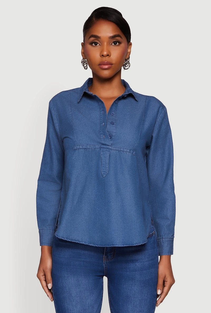 Womens Denim Long Sleeve Half Button Front Blouse, Blue, Size S