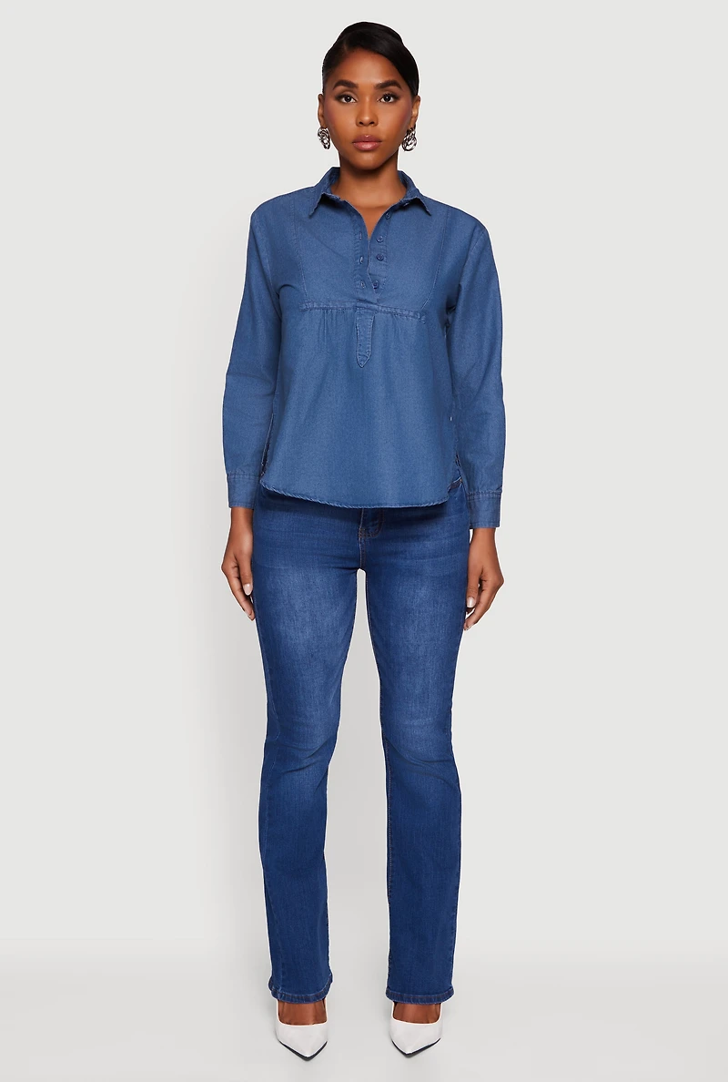Womens Denim Long Sleeve Half Button Front Blouse, Blue, Size S