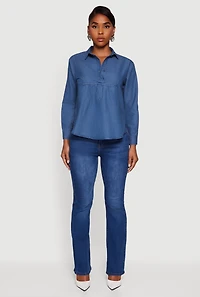 Womens Denim Long Sleeve Half Button Front Blouse, Blue, Size S