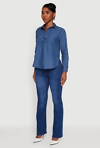 Womens Denim Long Sleeve Half Button Front Blouse, Blue,