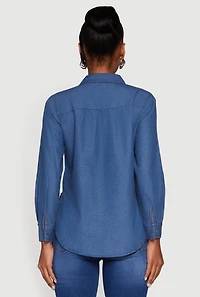 Womens Denim Long Sleeve Half Button Front Blouse, Blue, Size S