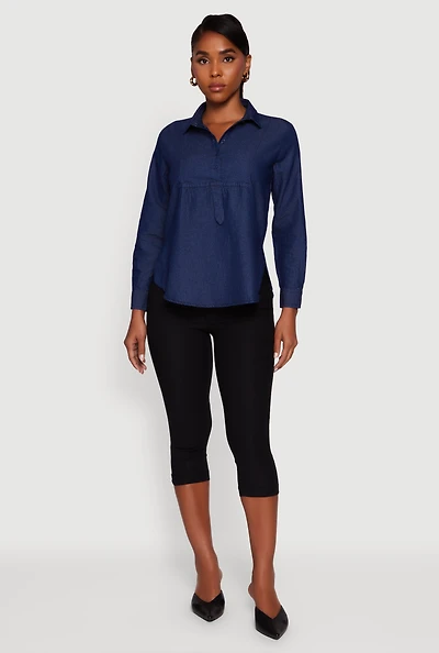 Womens Denim Long Sleeve Half Button Front Blouse, Blue, Size XL