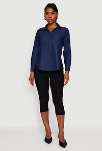 Womens Denim Long Sleeve Half Button Front Blouse, Blue, Size S