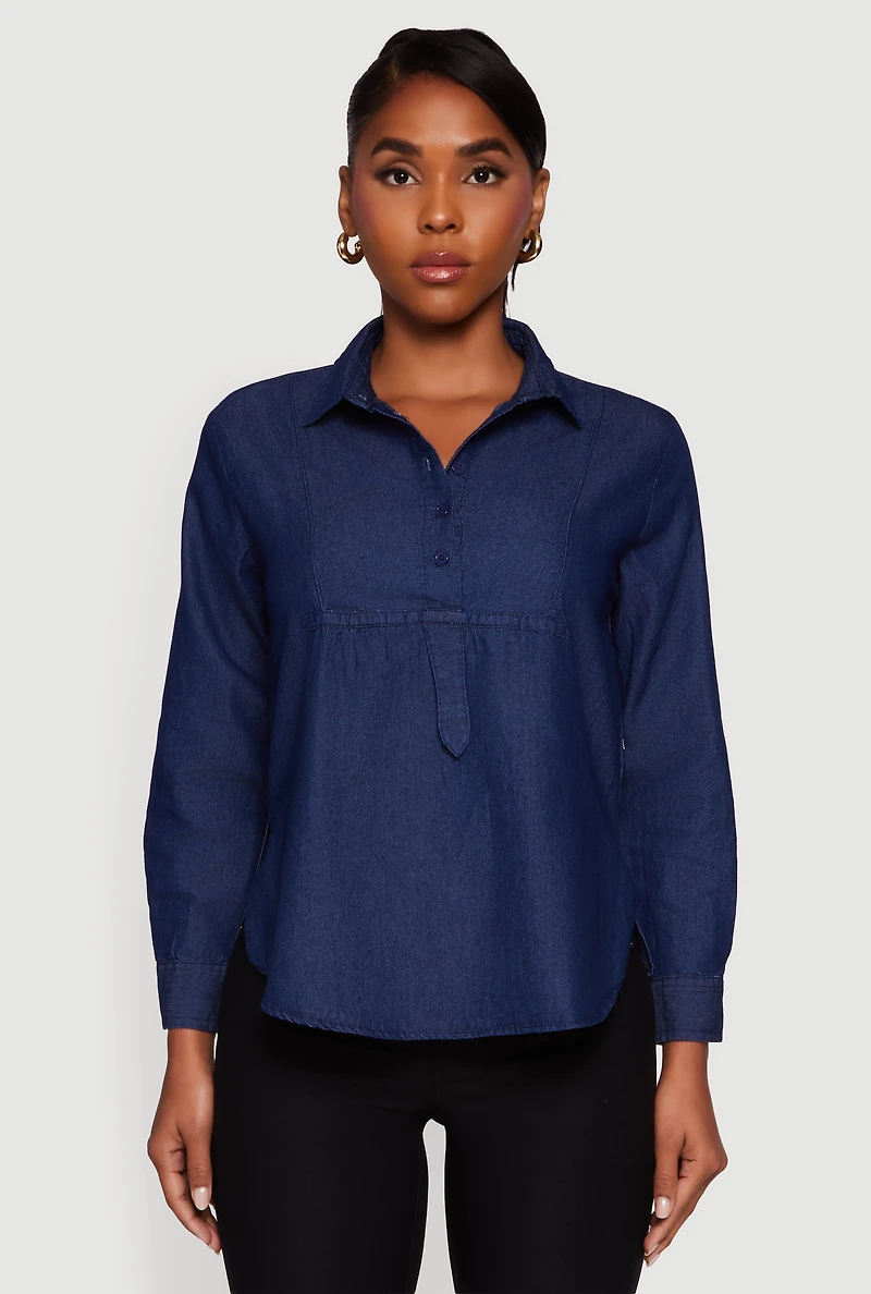 Womens Denim Long Sleeve Half Button Front Blouse, Blue, Size XL