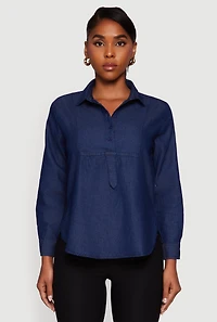 Womens Denim Long Sleeve Half Button Front Blouse, Blue, Size XL